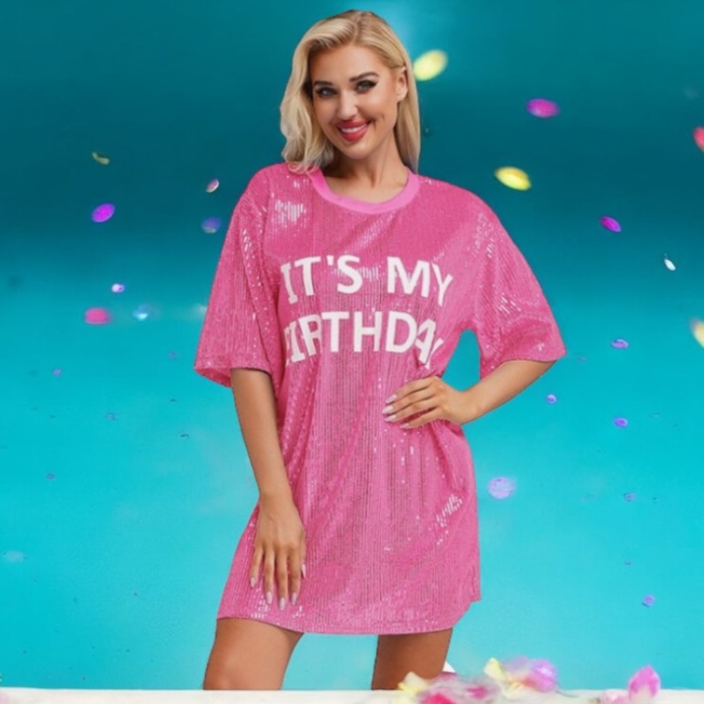 ITS MY BIRTHDAY PINK SEQUIN NOVELTY PARTY DRESS WOMEN’s size large XL